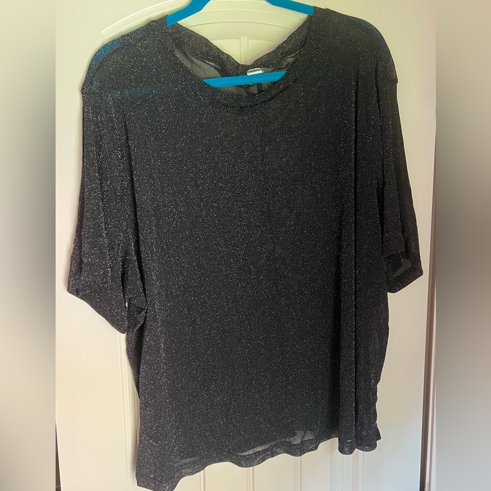 Sequin Sparkle Sheer Shirt, Plus Size Top, Fits Like 2XL or 3XL, Black